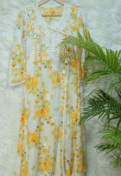 Angrakha Pure Printed Mulmul Fabric with Hand Embroidery - Lakhnavi Angrakha in Four Colors Yellow, pink,red and cyan.