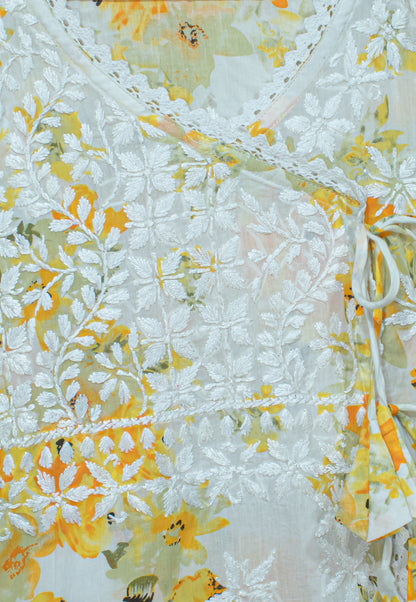 Angrakha Pure Printed Mulmul Fabric with Hand Embroidery - Lakhnavi Angrakha in Four Colors Yellow, pink,red and cyan.