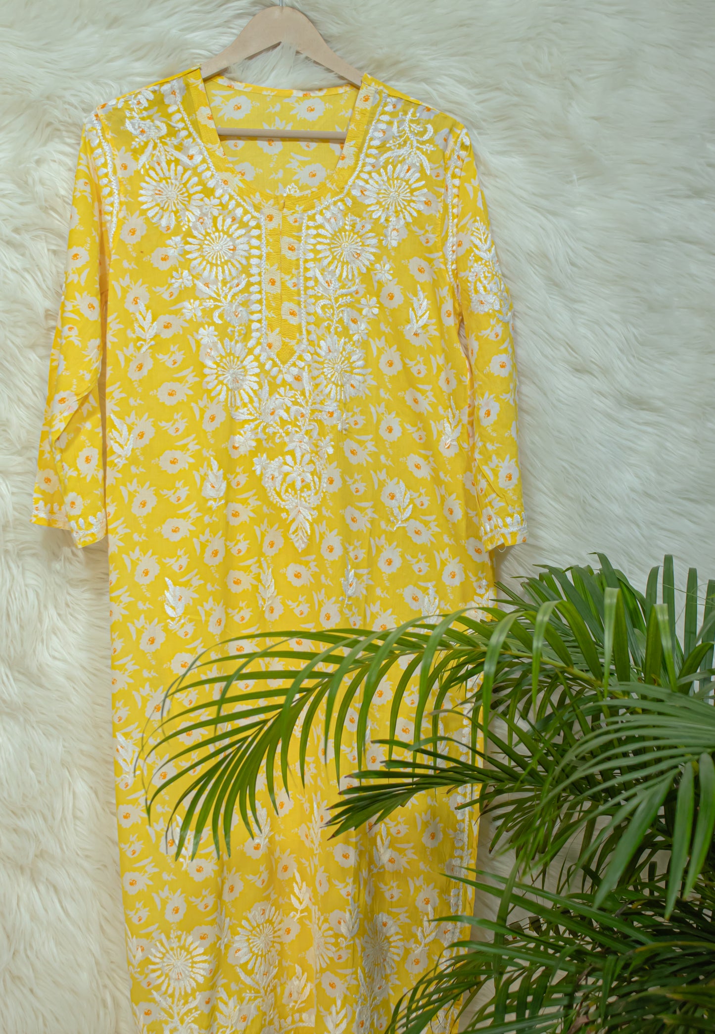 Colorful Elegance: Hand-Embroidered Printed Mulmul Cotton Kurti in Cyan, Yellow, Green & Pink"