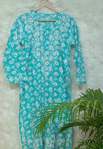 Colorful Elegance: Hand-Embroidered Printed Mulmul Cotton Kurti in Cyan, Yellow, Green & Pink"