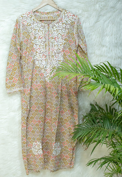 Colorful Elegance: Hand-Embroidered Printed Mulmul Cotton Kurti in Cyan, Beige, Green & Orange