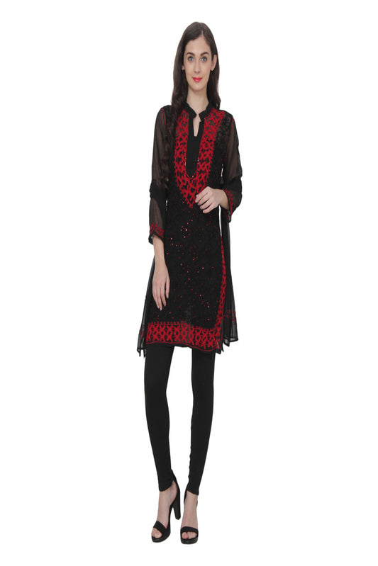 The Chikankari Story Handmade Lakhnavi Chikankari Aari Work black Kurti with Sequin Detailing – Georgette Stole Included