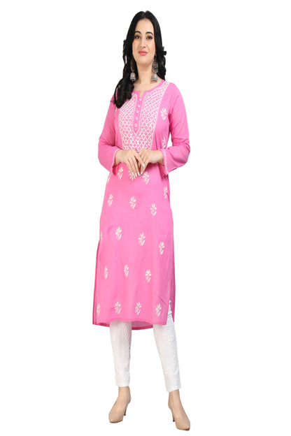 The Chikankari Story Chikankari Hand Embroidery Cotton Kurti with 3D Motifs – Pink Lakhnavi Self-Design Kurti for Women, Bollywood-Inspired, Global Top Seller.