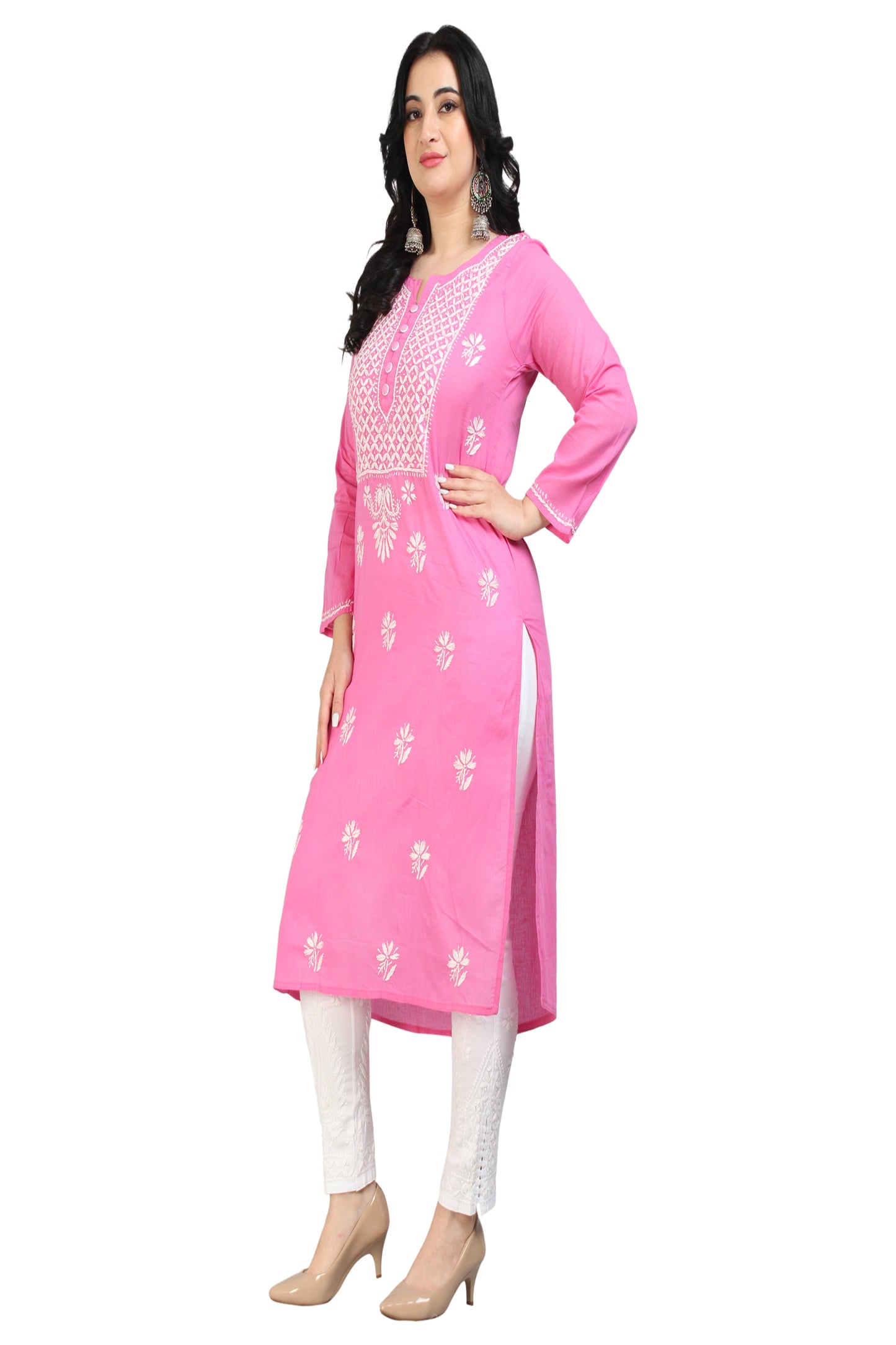 The Chikankari Story Chikankari Hand Embroidery Cotton Kurti with 3D Motifs – Pink Lakhnavi Self-Design Kurti for Women, Bollywood-Inspired, Global Top Seller.