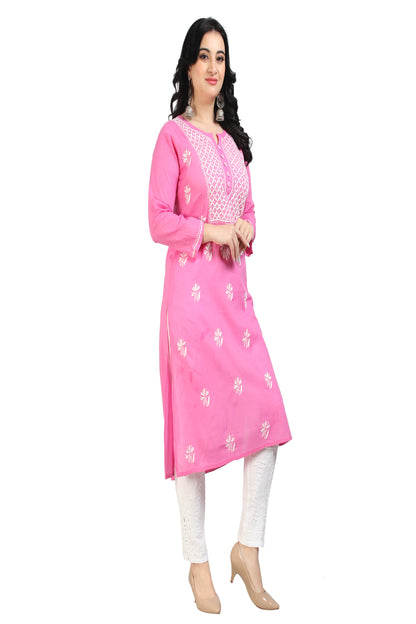 The Chikankari Story Chikankari Hand Embroidery Cotton Kurti with 3D Motifs – Pink Lakhnavi Self-Design Kurti for Women, Bollywood-Inspired, Global Top Seller.