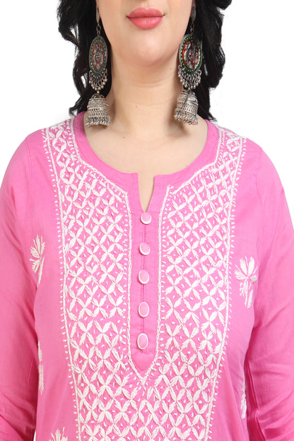 The Chikankari Story Chikankari Hand Embroidery Cotton Kurti with 3D Motifs – Pink Lakhnavi Self-Design Kurti for Women, Bollywood-Inspired, Global Top Seller.