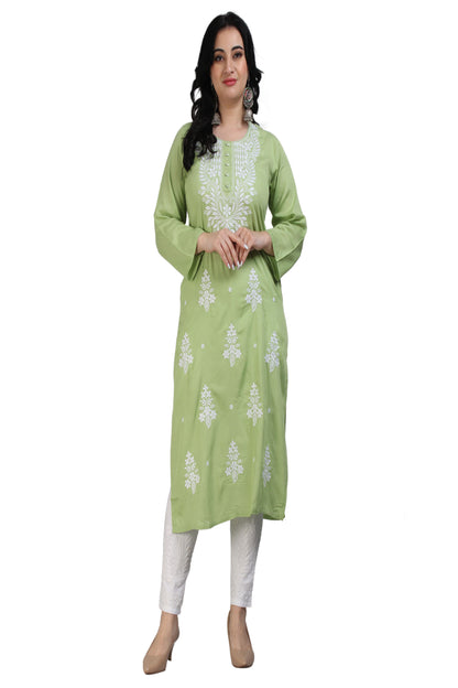 The Chikankari Story Chikankari Computer Embroidery Rayon Kurti with Motifs – Green Self-Design Lakhnavi Kurti for Women, Bollywood-Inspired, Global Top Seller.