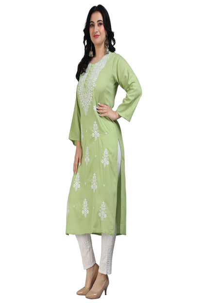 The Chikankari Story Chikankari Computer Embroidery Rayon Kurti with Motifs – Green Self-Design Lakhnavi Kurti for Women, Bollywood-Inspired, Global Top Seller.