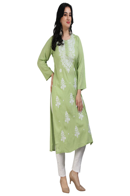 The Chikankari Story Chikankari Computer Embroidery Rayon Kurti with Motifs – Green Self-Design Lakhnavi Kurti for Women, Bollywood-Inspired, Global Top Seller.