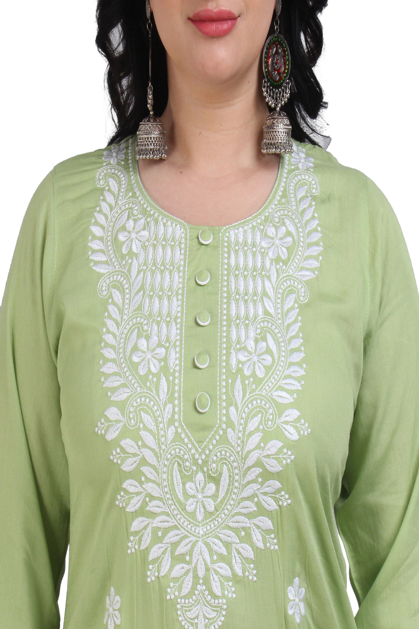 The Chikankari Story Chikankari Computer Embroidery Rayon Kurti with Motifs – Green Self-Design Lakhnavi Kurti for Women, Bollywood-Inspired, Global Top Seller.