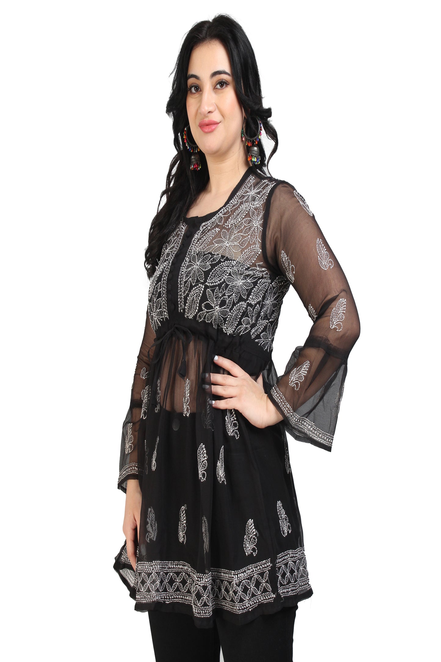 The Chikankari Story Women's Premium Black Georgette Kurti with Chikankari & Aari Hand Embroidery - Lightweight Bakhhiya Traditional Work.