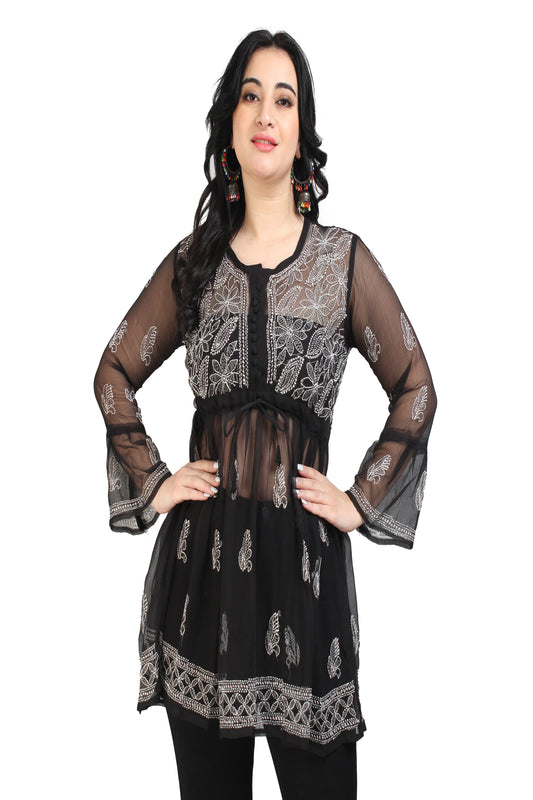 The Chikankari Story Women's Premium Black Georgette Kurti with Chikankari & Aari Hand Embroidery - Lightweight Bakhhiya Traditional Work.