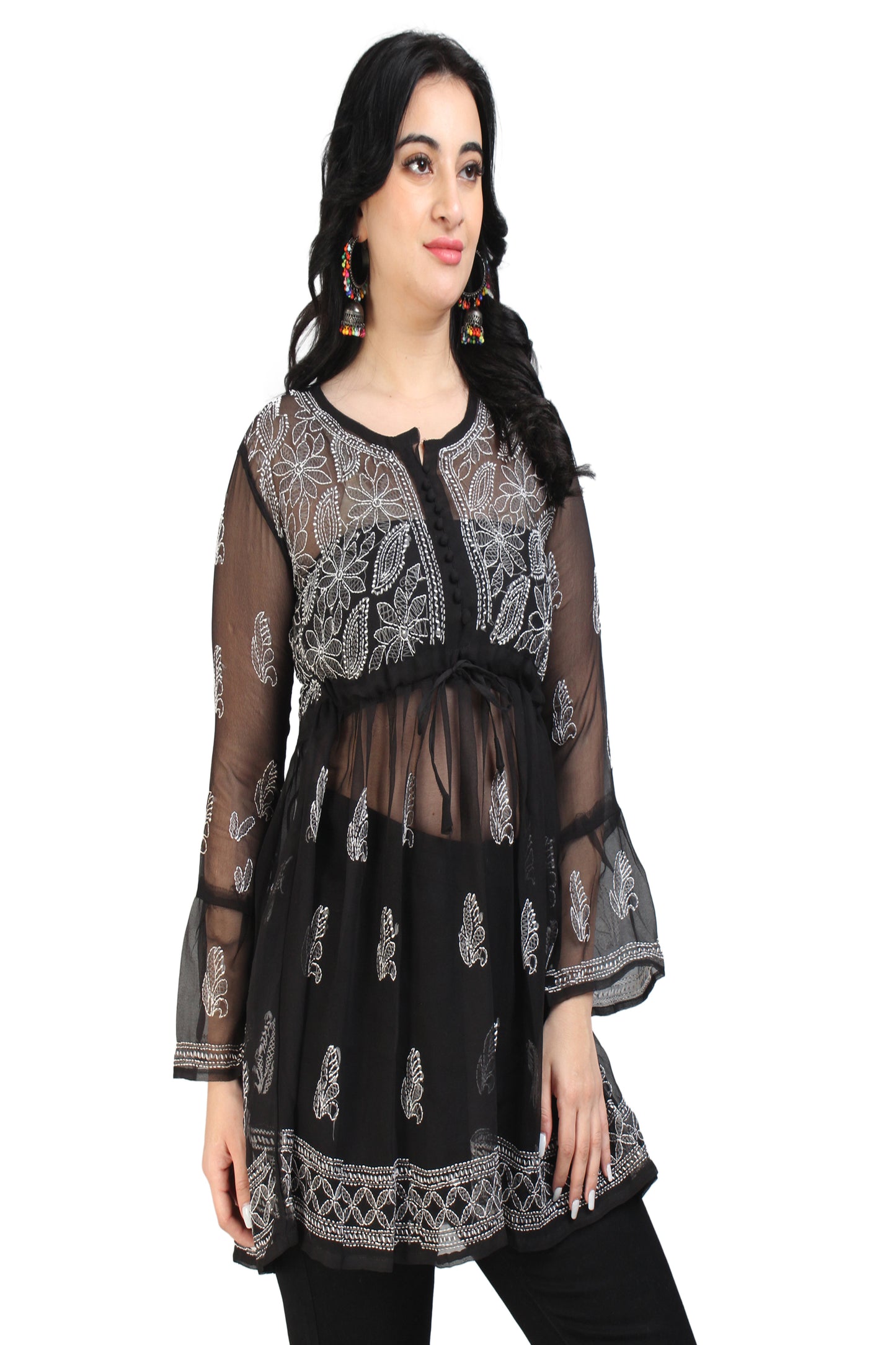 The Chikankari Story Women's Premium Black Georgette Kurti with Chikankari & Aari Hand Embroidery - Lightweight Bakhhiya Traditional Work.