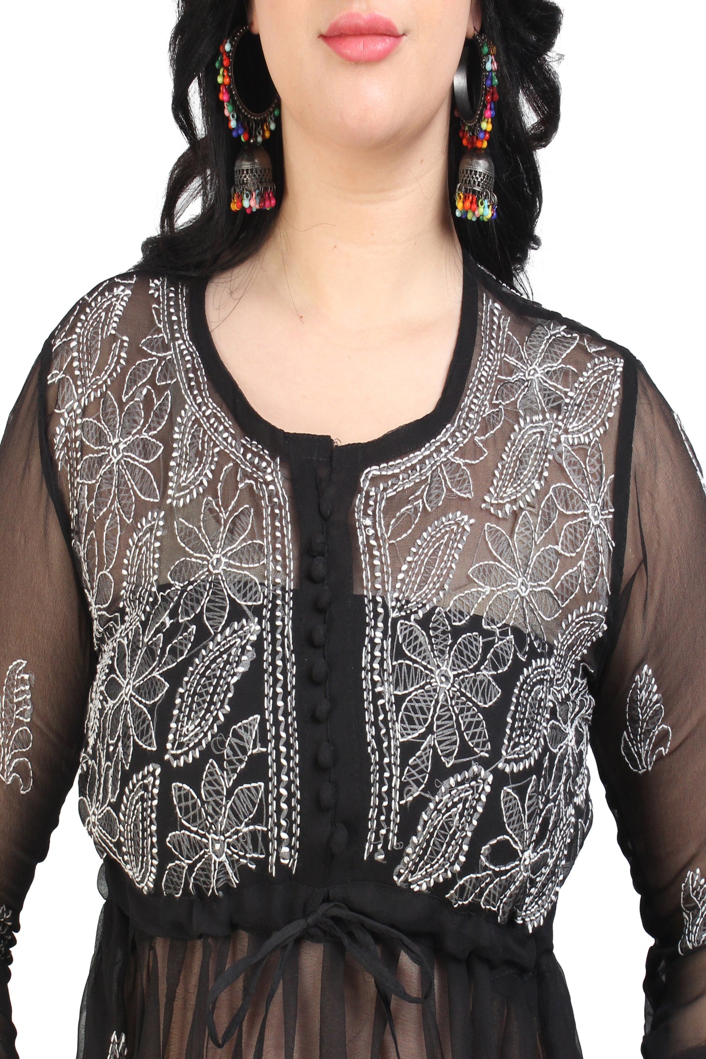 The Chikankari Story Women's Premium Black Georgette Kurti with Chikankari & Aari Hand Embroidery - Lightweight Bakhhiya Traditional Work.