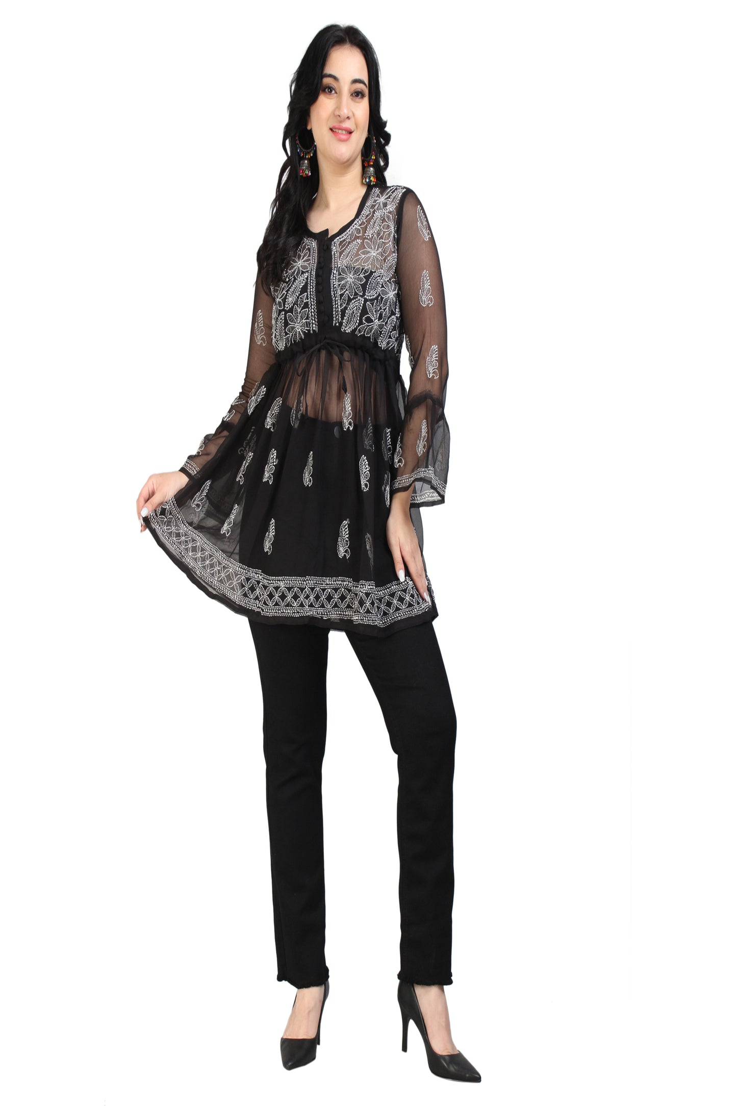 The Chikankari Story Women's Premium Black Georgette Kurti with Chikankari & Aari Hand Embroidery - Lightweight Bakhhiya Traditional Work.