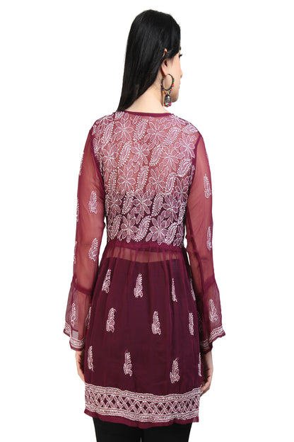 The Chikankari Story Women's Premium Maroon Georgette Short Kurti with Chikankari & Aari Hand Embroidery - Lightweight Bakhhiya Work.