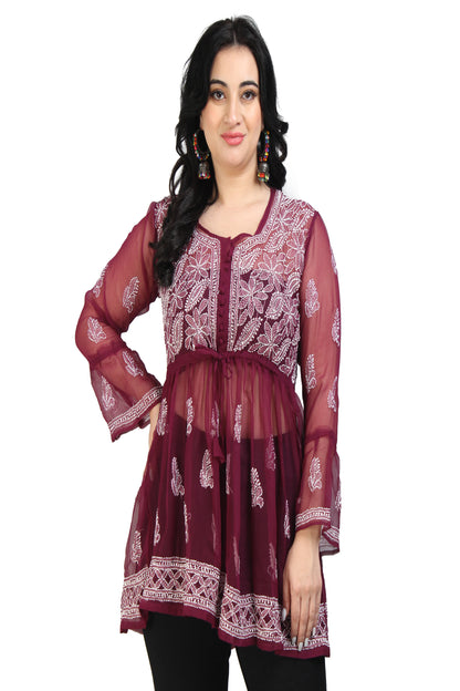 The Chikankari Story Women's Premium Maroon Georgette Short Kurti with Chikankari & Aari Hand Embroidery - Lightweight Bakhhiya Work.