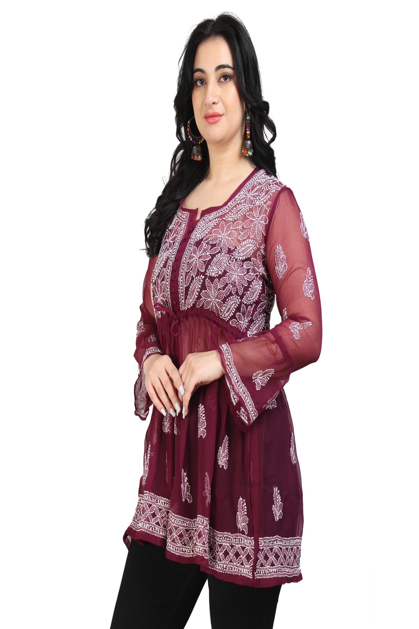 The Chikankari Story Women's Premium Maroon Georgette Short Kurti with Chikankari & Aari Hand Embroidery - Lightweight Bakhhiya Work.