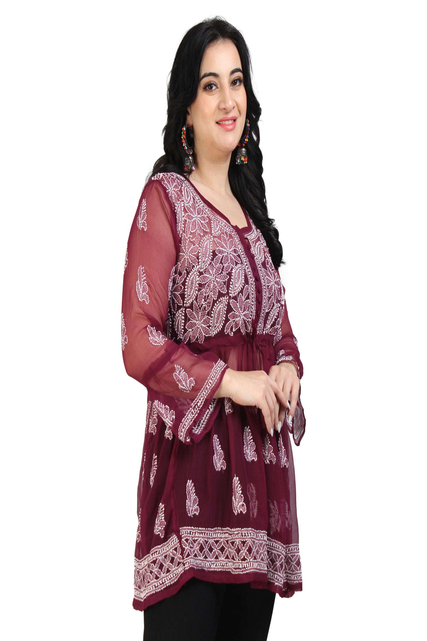 The Chikankari Story Women's Premium Maroon Georgette Short Kurti with Chikankari & Aari Hand Embroidery - Lightweight Bakhhiya Work.