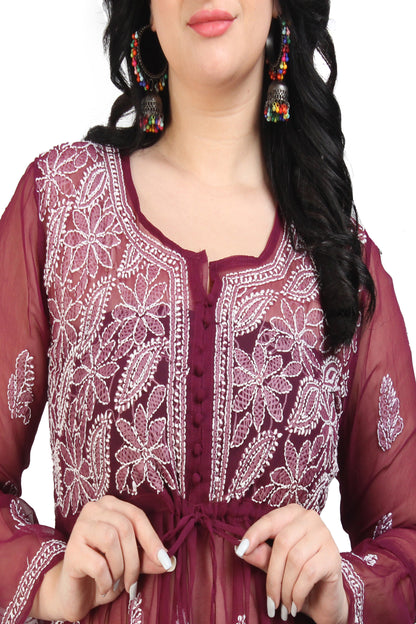 The Chikankari Story Women's Premium Maroon Georgette Short Kurti with Chikankari & Aari Hand Embroidery - Lightweight Bakhhiya Work.