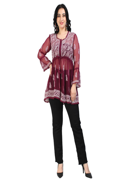 The Chikankari Story Women's Premium Maroon Georgette Short Kurti with Chikankari & Aari Hand Embroidery - Lightweight Bakhhiya Work.