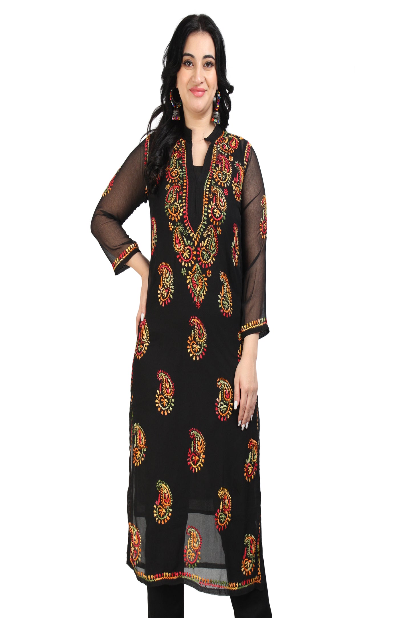 The Chikankari Story Women's Premium Black Georgette Kurti with Chikankari Hand Embroidery - Lightweight Fabric.