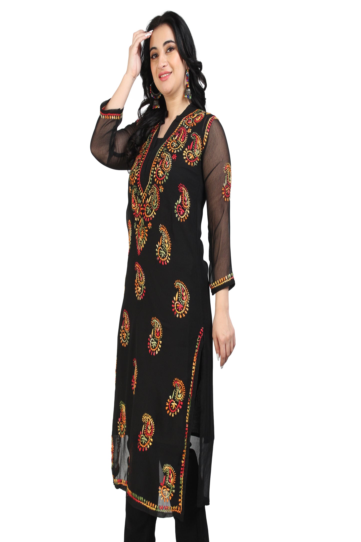 The Chikankari Story Women's Premium Black Georgette Kurti with Chikankari Hand Embroidery - Lightweight Fabric.