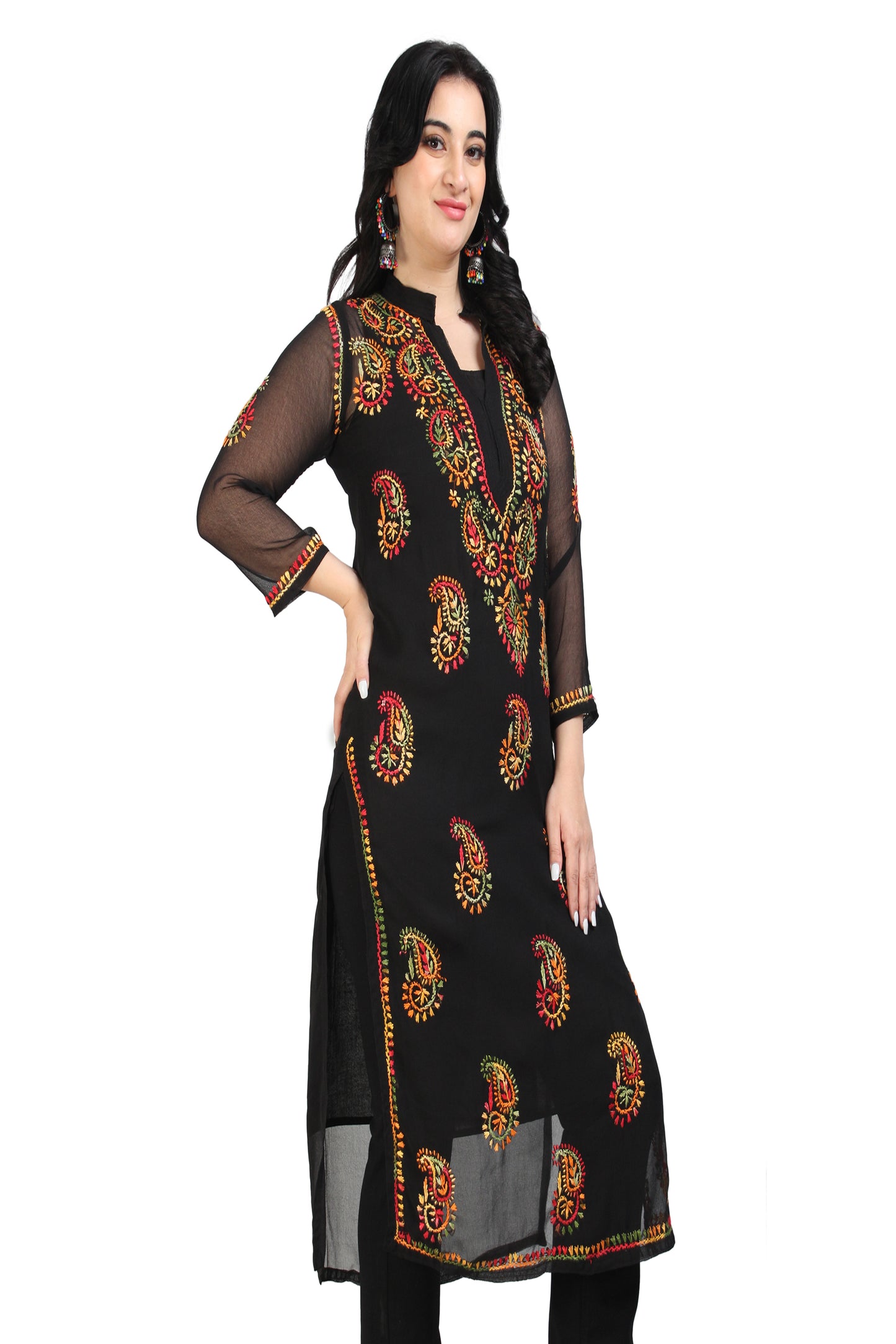 The Chikankari Story Women's Premium Black Georgette Kurti with Chikankari Hand Embroidery - Lightweight Fabric.