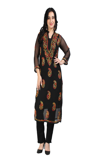 The Chikankari Story Women's Premium Black Georgette Kurti with Chikankari Hand Embroidery - Lightweight Fabric.