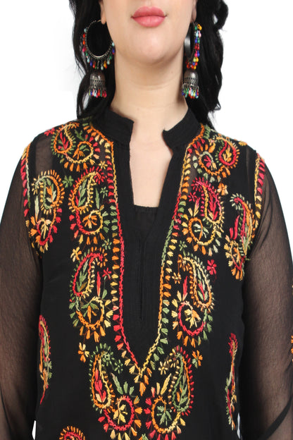 The Chikankari Story Women's Premium Black Georgette Kurti with Chikankari Hand Embroidery - Lightweight Fabric.