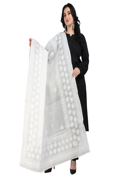 The Chikankari Story Chikankari Hand Embroidery Dupatta in Pure Kota Cotton - Lucknowi Tepchi Work with Bakhiya Details, Traditional White Design