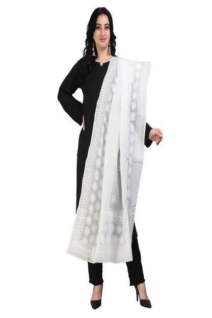 The Chikankari Story Chikankari Hand Embroidery Dupatta in Pure Kota Cotton - Lucknowi Tepchi Work with Bakhiya Details, Traditional White Design