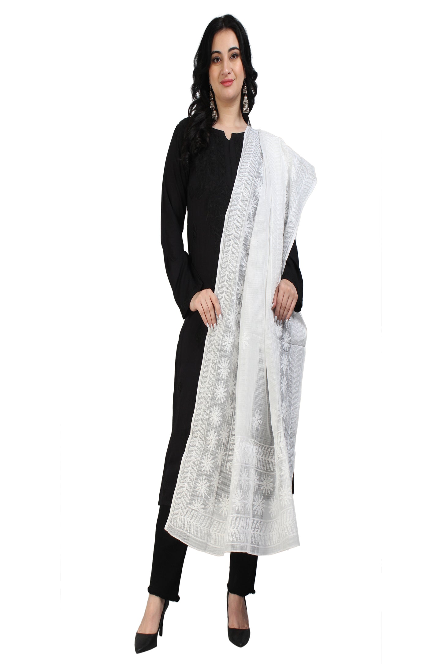 The Chikankari Story Chikankari Hand Embroidery Dupatta in Pure Kota Cotton - Lucknowi Tepchi Work with Bakhiya Details, Traditional White Design