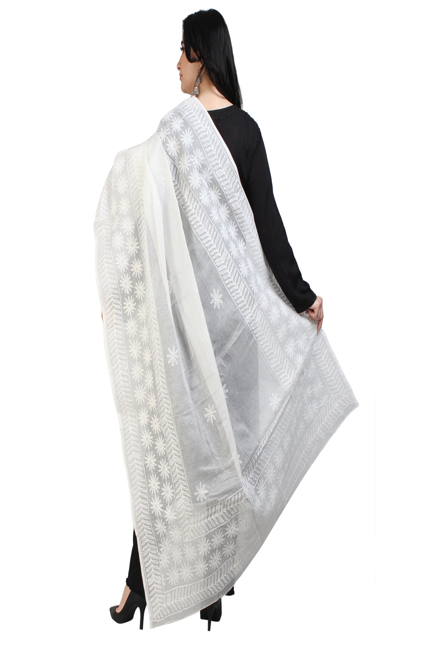 The Chikankari Story Chikankari Hand Embroidery Dupatta in Pure Kota Cotton - Lucknowi Tepchi Work with Bakhiya Details, Traditional White Design