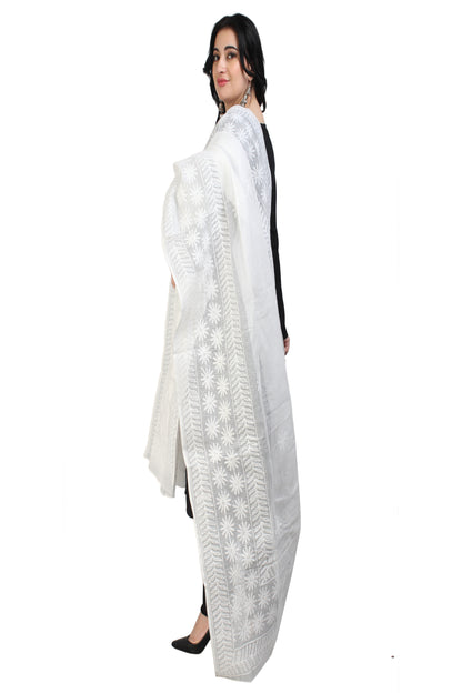 The Chikankari Story Chikankari Hand Embroidery Dupatta in Pure Kota Cotton - Lucknowi Tepchi Work with Bakhiya Details, Traditional White Design