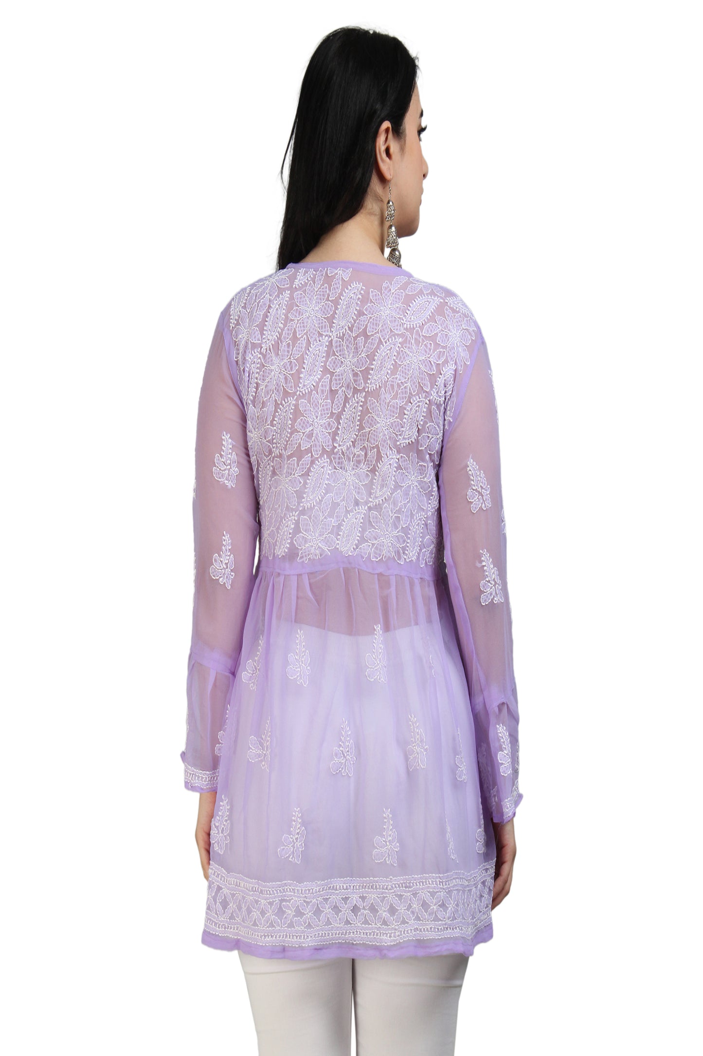 The Chikankari Story Women's Purple Georgette Short Kurti with Chikankari Hand Embroidery - Intricate Aari & Bakhhiya Work, Lightweight and Elegant.