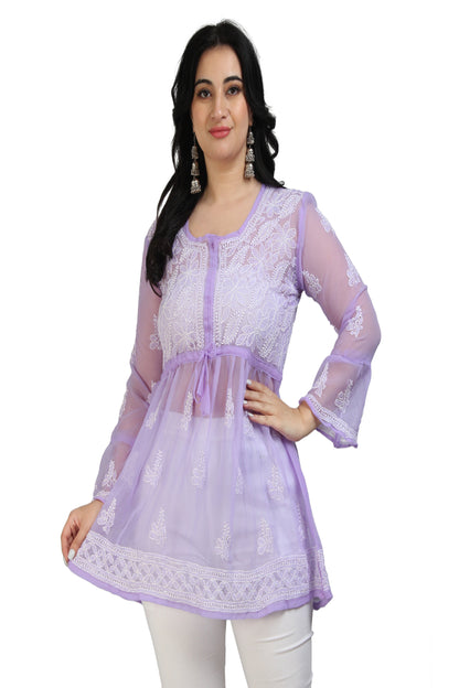 The Chikankari Story Women's Purple Georgette Short Kurti with Chikankari Hand Embroidery - Intricate Aari & Bakhhiya Work, Lightweight and Elegant.