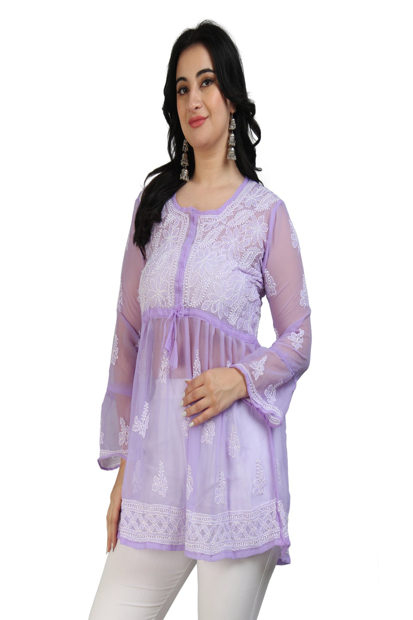 The Chikankari Story Women's Purple Georgette Short Kurti with Chikankari Hand Embroidery - Intricate Aari & Bakhhiya Work, Lightweight and Elegant.