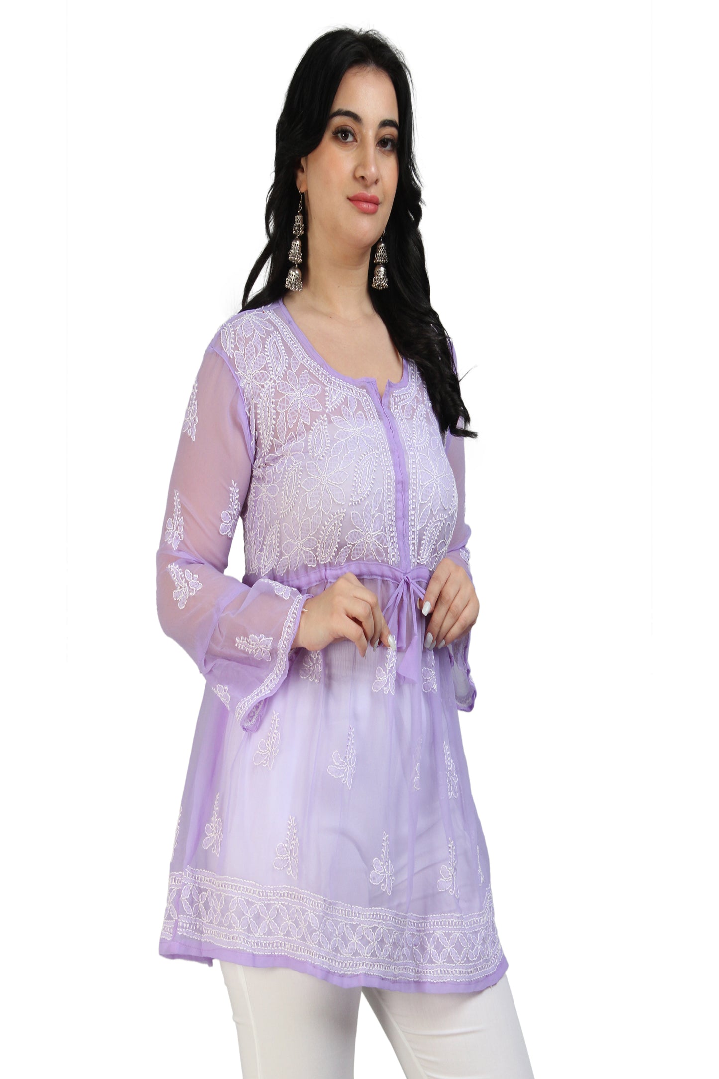 The Chikankari Story Women's Purple Georgette Short Kurti with Chikankari Hand Embroidery - Intricate Aari & Bakhhiya Work, Lightweight and Elegant.