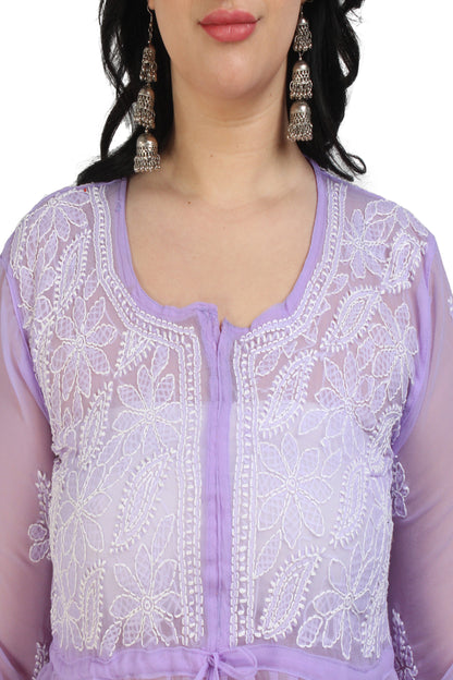 The Chikankari Story Women's Purple Georgette Short Kurti with Chikankari Hand Embroidery - Intricate Aari & Bakhhiya Work, Lightweight and Elegant.