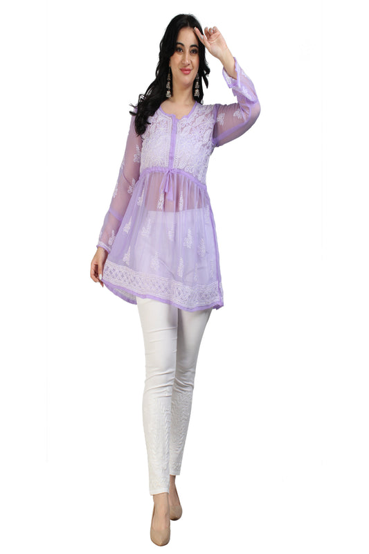 The Chikankari Story Women's Purple Georgette Short Kurti with Chikankari Hand Embroidery - Intricate Aari & Bakhhiya Work, Lightweight and Elegant.