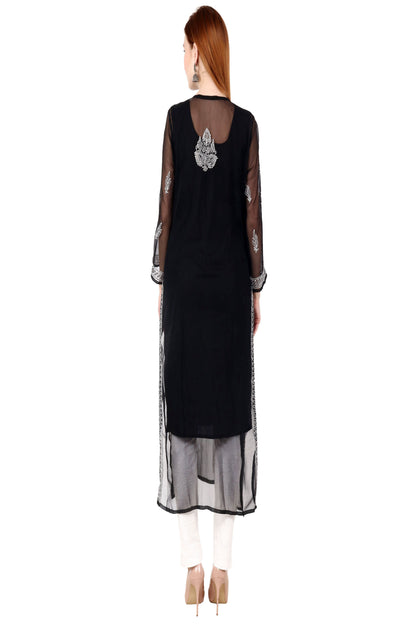 The Chikankari Story Women's Premium Black Georgette Kurti with Chikankari & Aari Hand Embroidery - Lightweight Traditional Bakhhiya Work kurti kurta.