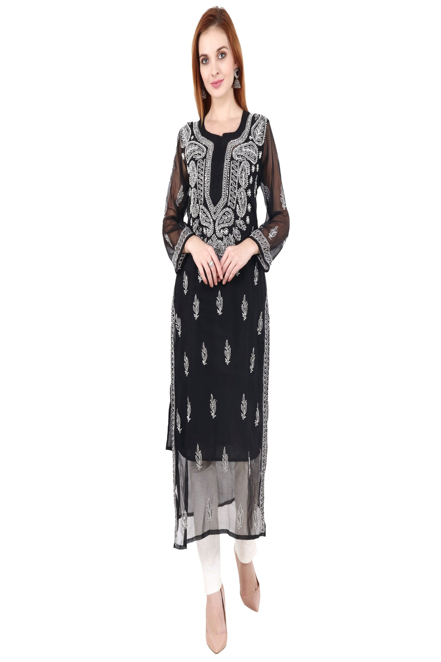 The Chikankari Story Women's Premium Black Georgette Kurti with Chikankari & Aari Hand Embroidery - Lightweight Traditional Bakhhiya Work kurti kurta.