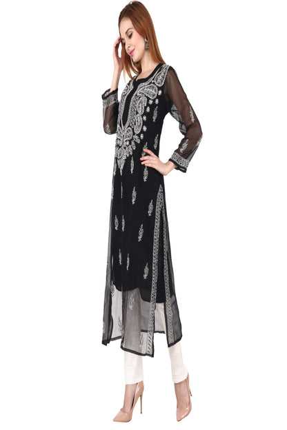 The Chikankari Story Women's Premium Black Georgette Kurti with Chikankari & Aari Hand Embroidery - Lightweight Traditional Bakhhiya Work kurti kurta.