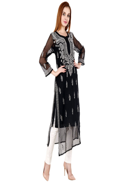 The Chikankari Story Women's Premium Black Georgette Kurti with Chikankari & Aari Hand Embroidery - Lightweight Traditional Bakhhiya Work kurti kurta.