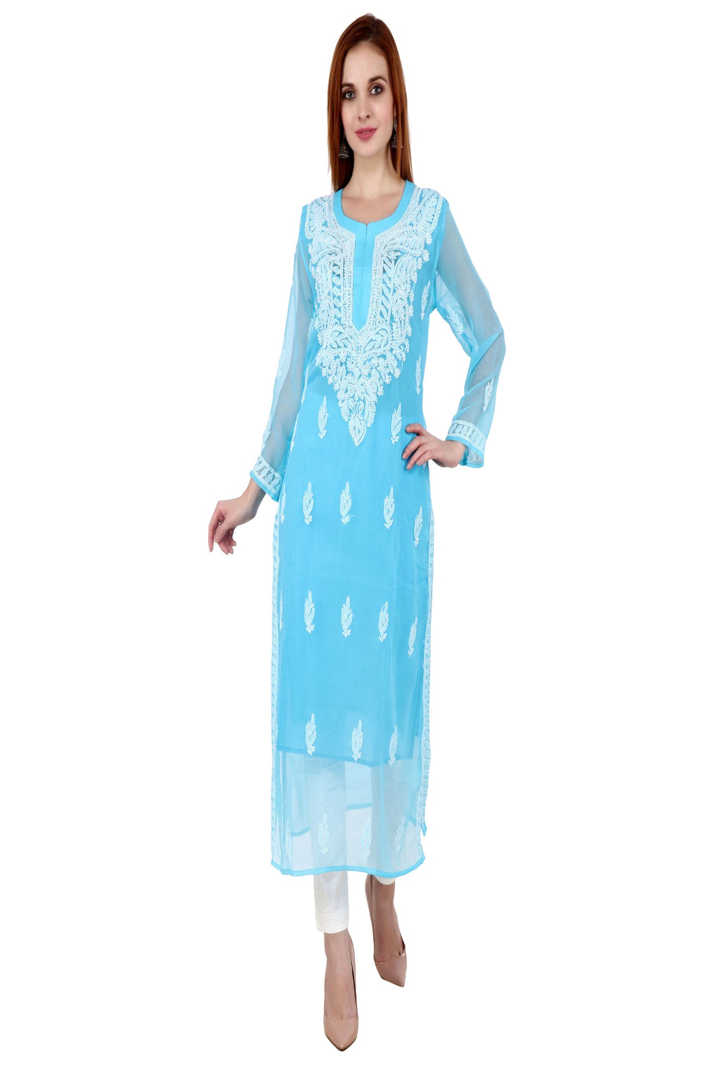 The Chikankari Story Women's Premium Sky Blue Georgette Kurti with Chikankari & Aari Hand Embroidery - Lightweight Traditional Bakhhiya Work