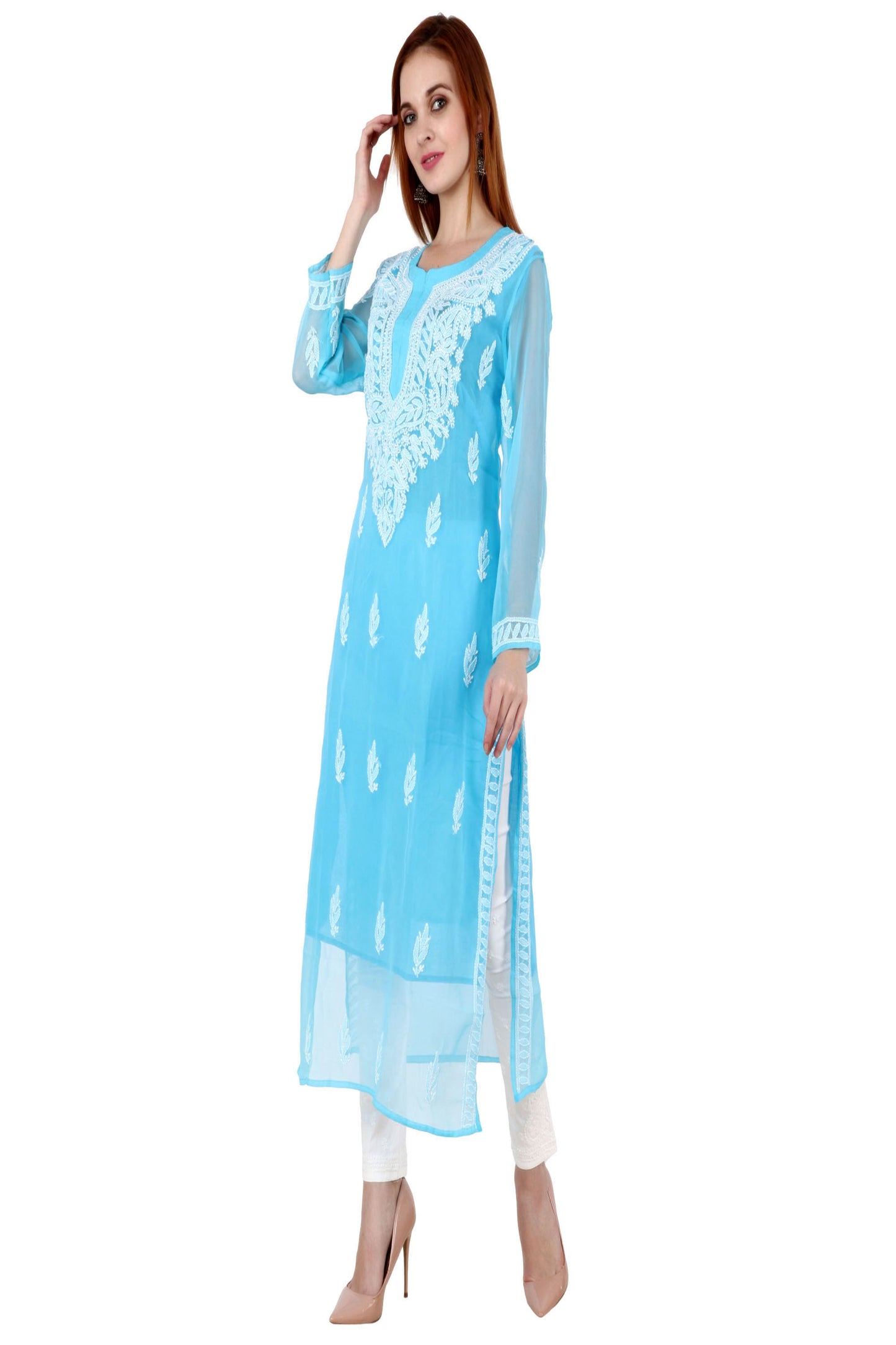 The Chikankari Story Women's Premium Sky Blue Georgette Kurti with Chikankari & Aari Hand Embroidery - Lightweight Traditional Bakhhiya Work