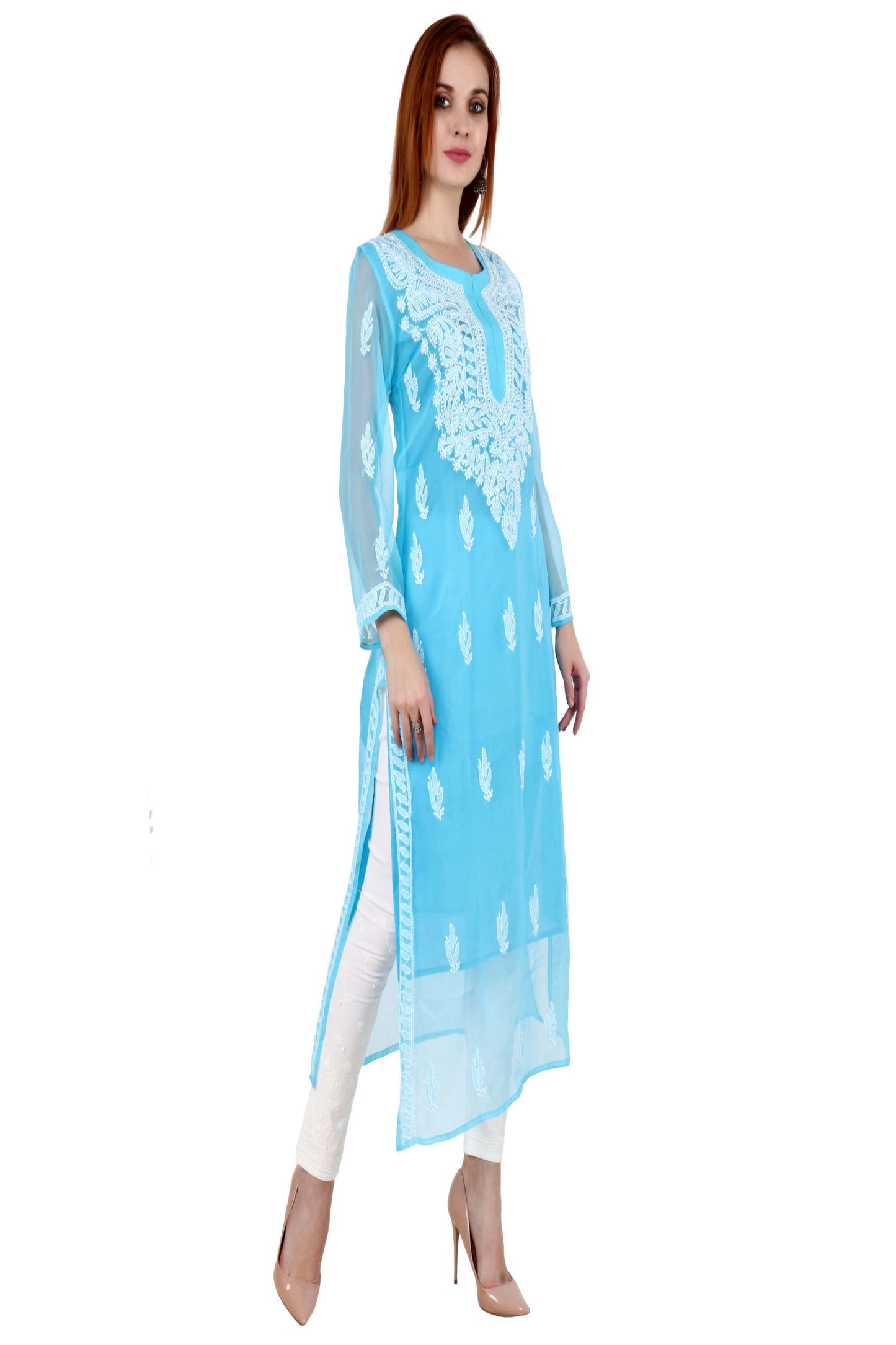 The Chikankari Story Women's Premium Sky Blue Georgette Kurti with Chikankari & Aari Hand Embroidery - Lightweight Traditional Bakhhiya Work