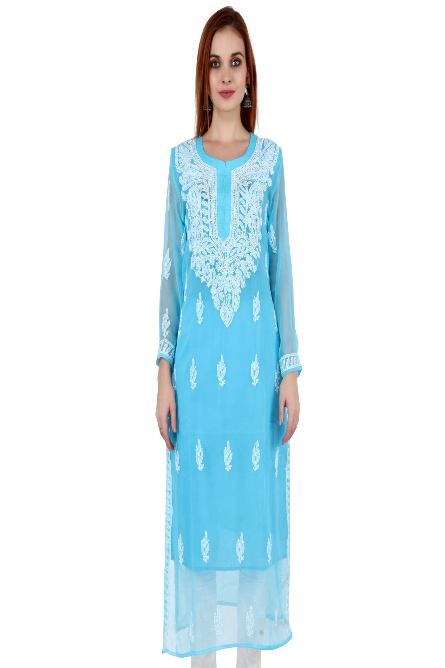 The Chikankari Story Women's Premium Sky Blue Georgette Kurti with Chikankari & Aari Hand Embroidery - Lightweight Traditional Bakhhiya Work