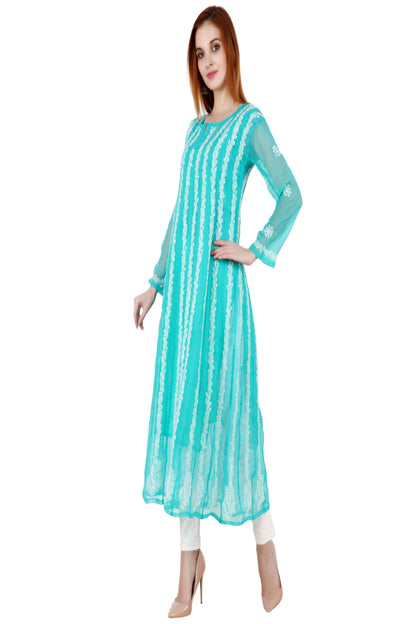 The Chikankari Story Women's Cyan Georgette Anarkali Kurta with Lakhna THE CHIKANKARI STORY The Chikankari Story Women's Cyan Georgette Anarkali Kurta with Lakhna THE CHIKANKARI STORY